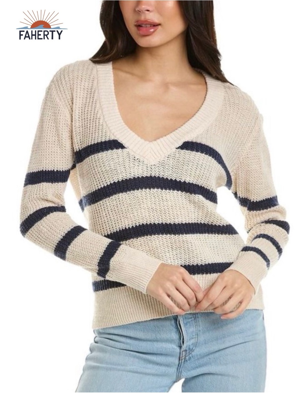 Faherty Miramar Wharf Stripe Linen Organic Cotton V-Neck Sweater Small Coastal